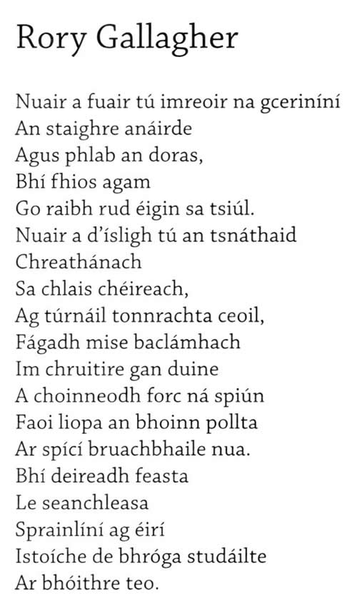 Rory Gallagher Irish Musician Poem in Irish by Irish poet Stiofán Ó Cadhla from his book An Creideamhach Déanach