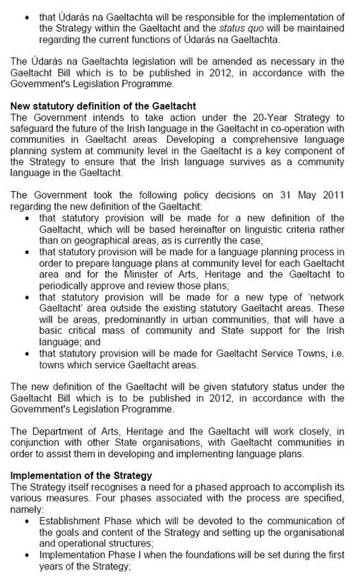 Irish Government 20 year plan statement supporting Gaelic; the Irish Language